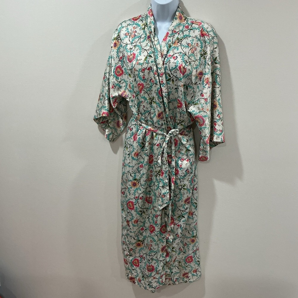 Vintage California Dynasty Womens Long Robe Small Lounge Floral Satin Kimono